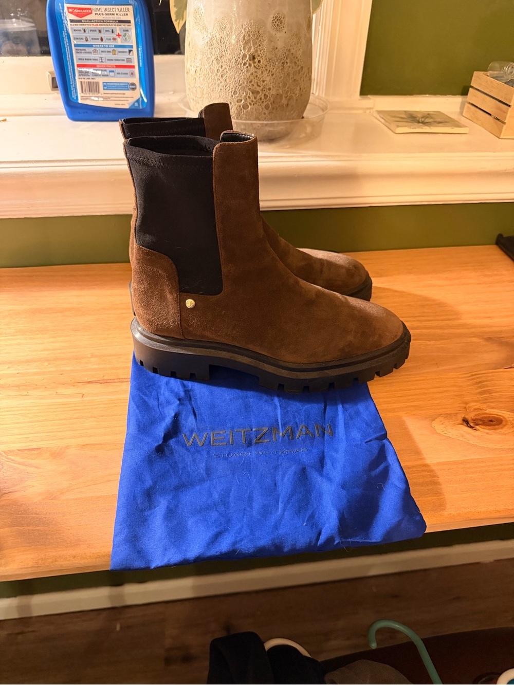 Stuart Weitzman Brown Suede Woman’s Chelsea Boots with a lug sole.